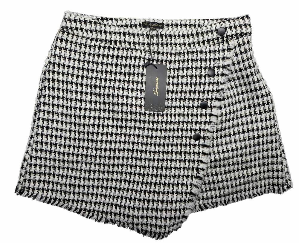 Shinestar Womens Houndstooth Tweed Mini Skort Black White Fringe Wrap NWT
